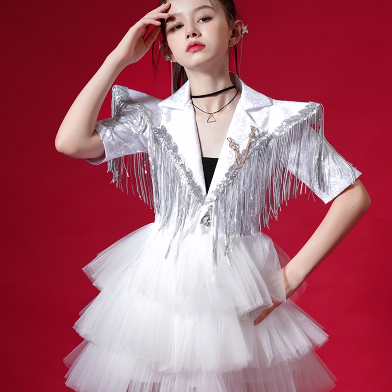 女童走秀礼服模特潮n服白色舞台表演服蓬蓬裙女孩钢琴主持人演出