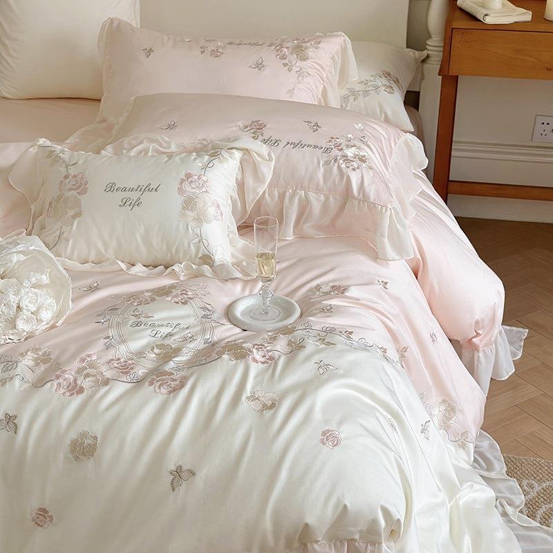 少女心纯棉100支双股长绒棉四件套浪漫花卉刺绣被套全棉床上用品