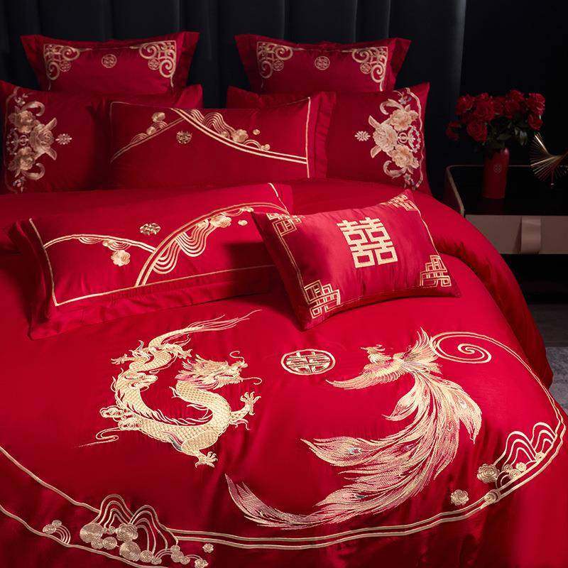 新中式80s高档龙凤全棉结婚四件套大红色婚庆纯棉新婚房床上用品