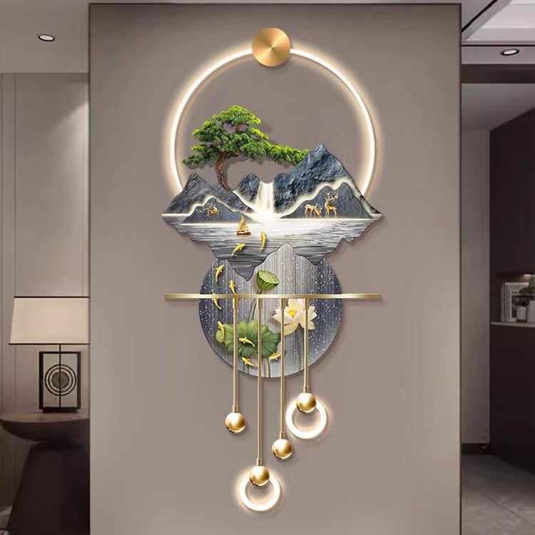 流水生财玄关装饰画山水高档立体LED壁灯新中式入户走廊过道挂画