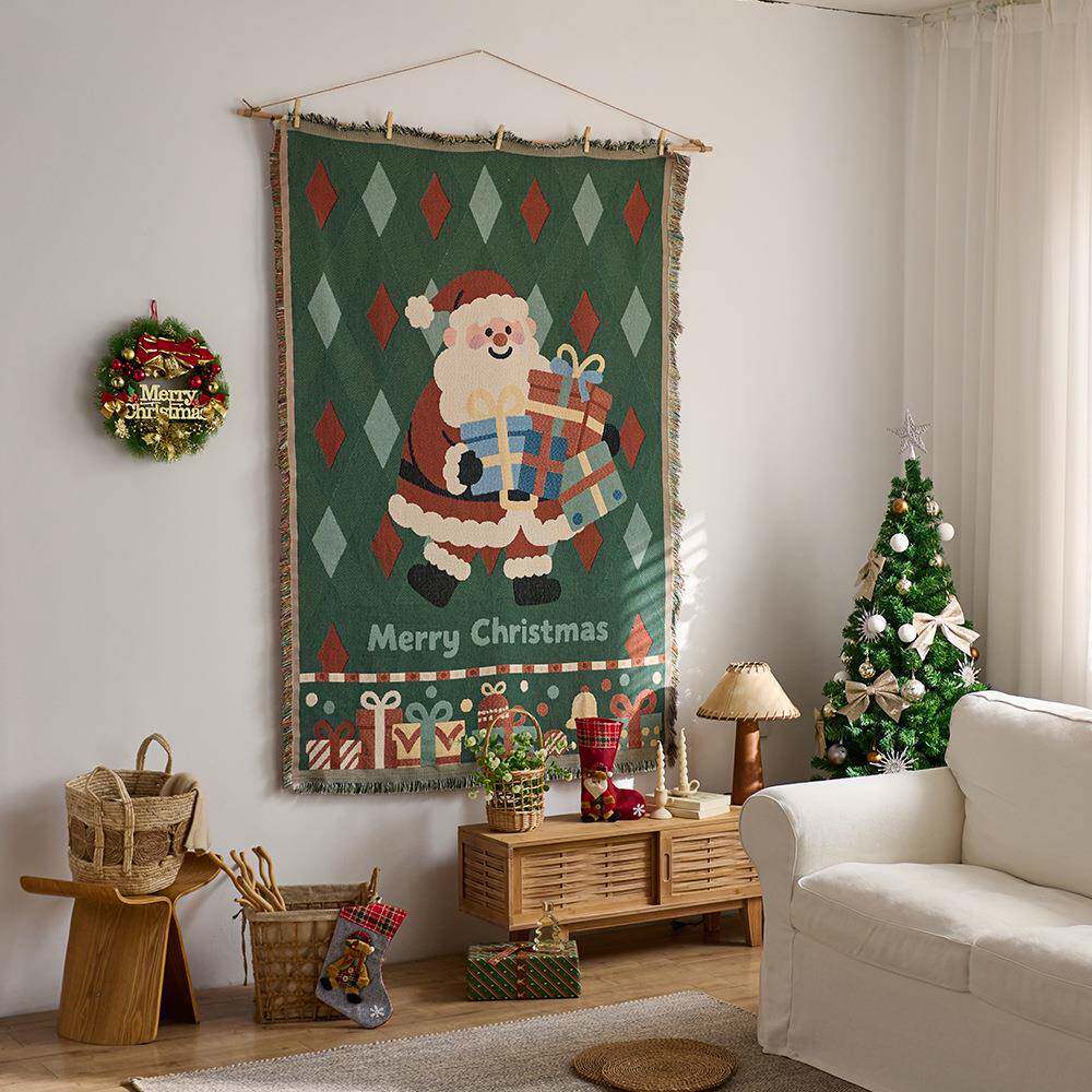圣诞节挂毯房间布置墙面装饰背景布棉纱线毯沙发巾盖毯露营毯挂布