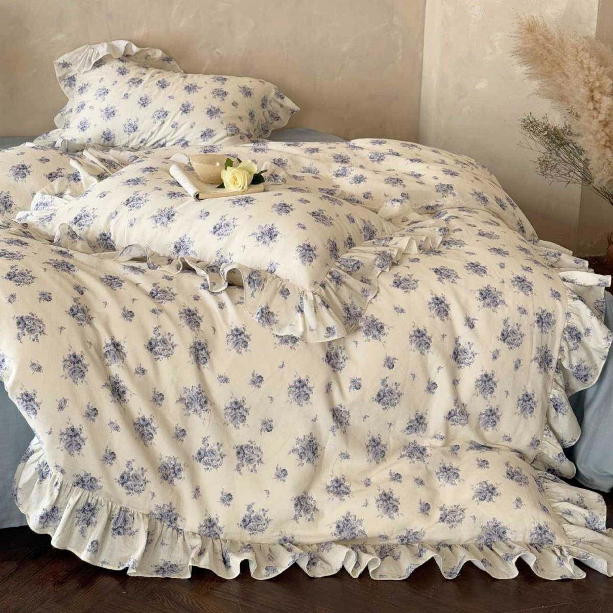 1A类母婴级法式全棉双层纱碎花四件套纯棉柔软荷叶边被套纱布床品