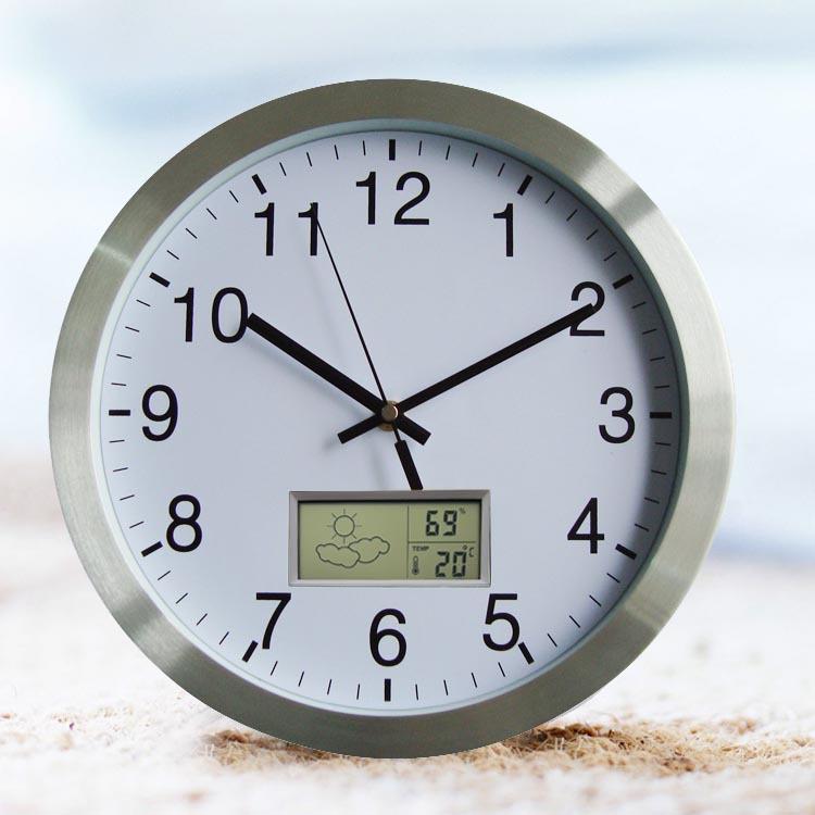 供应万年历挂钟，天气预报时钟 金属简约时尚挂表壁挂式