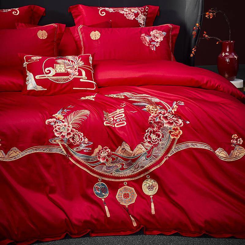 简约大气13372全工艺喷气40S全棉婚庆多件套大红龙凤床单款七件套