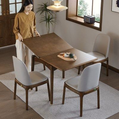 岩板餐桌新中式胡桃色可折叠伸缩小户型家用长方形实木饭桌子80cm,住宅家具,岩板餐桌,淘宝优惠券,粉丝福利购,淘宝优惠卷
