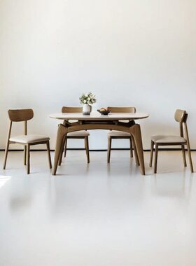 方圆餐桌家用组合折叠饭桌白板木岩椅可伸缩蜡简约现代小户型实木