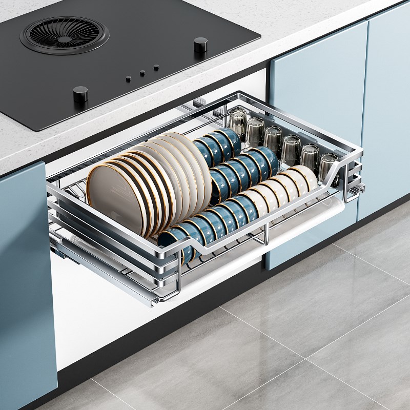 四季沐歌拉篮厨房橱柜304不锈B钢单层拉篮碗碟置物抽屉式收纳碗架