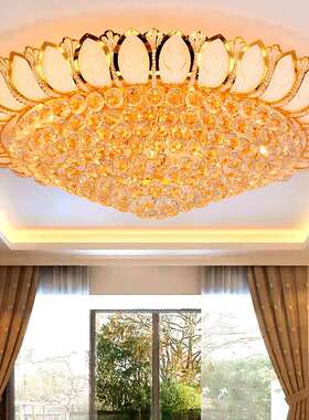 厂家 现代圆形金色莲花水晶吸顶灯大气客厅灯LED卧室黄色灯饰