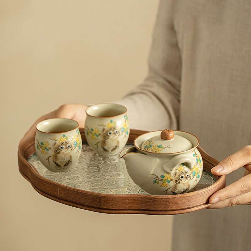 汝窑猫咪手抓壶家用盖碗茶杯茶盘茶具泡茶壶一壶二杯防烫单壶喝茶