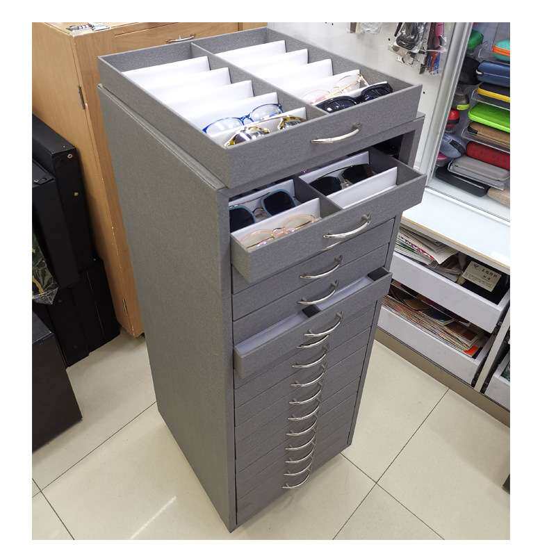 君顺升级款眼镜收纳柜 灰色皮革多层抽屉柜光学太阳眼镜样品箱