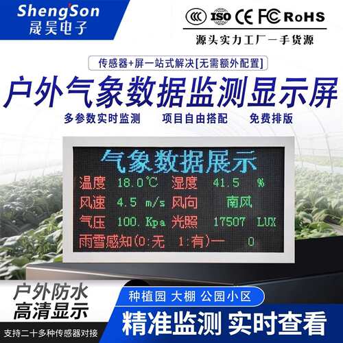 户外LED显示屏气象站co2土壤温湿度光照PM2.5风速风向工业级IP67