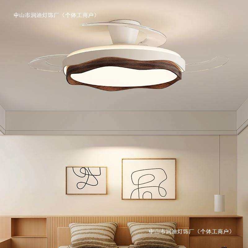 胡桃木色中古风LED风扇灯隐形静音餐厅灯简约现代新中式吊扇灯