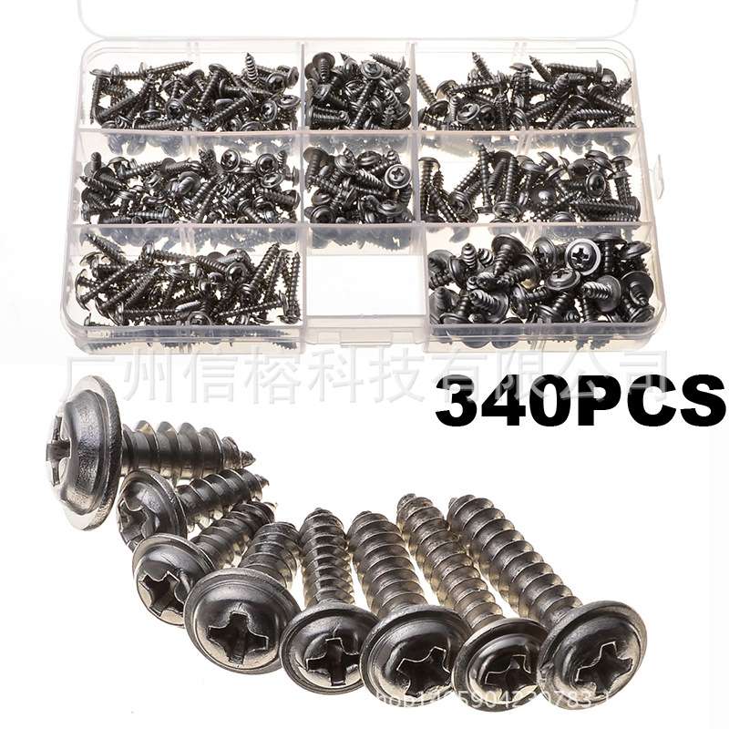 跨境电商货源 340PCS 不锈钢PWA 带垫自攻螺钉盒装 自攻螺丝盒装