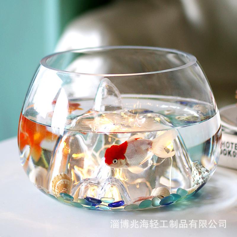 超白个性假山玻璃鱼缸加厚圆形桌面金鱼缸创意山水缸雪山小乌龟缸