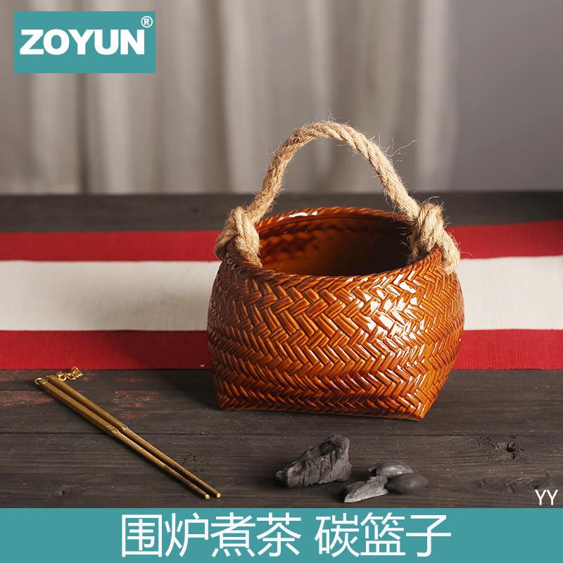 围炉煮茶炭盆手提老式麻绳龙眼木炭橄榄炭核桃炭炭篮炭钵炭炉配件