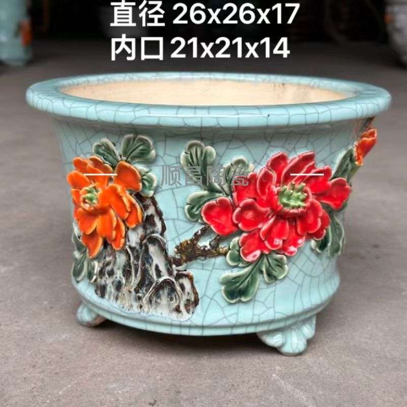 石湾花盆圆盆手工贴花上釉全手工制作绿植种植阳台居家摆设