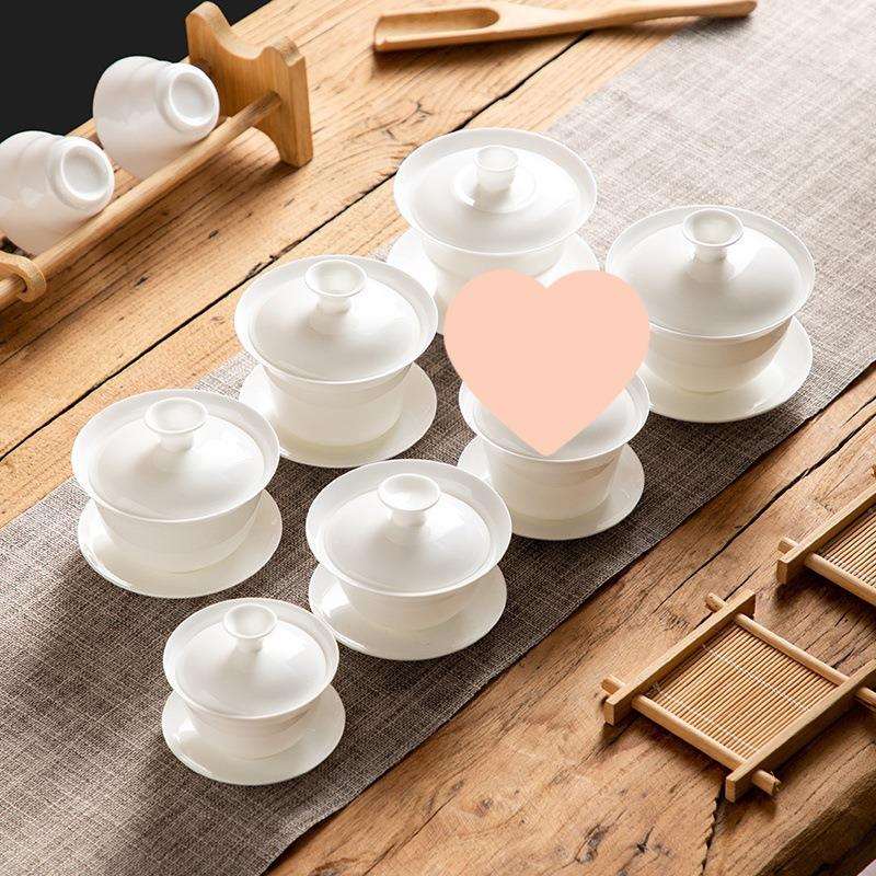 潮汕骨瓷盖碗茶杯纯白不烫手工夫茶碗胎透光单个家用三才盖碗