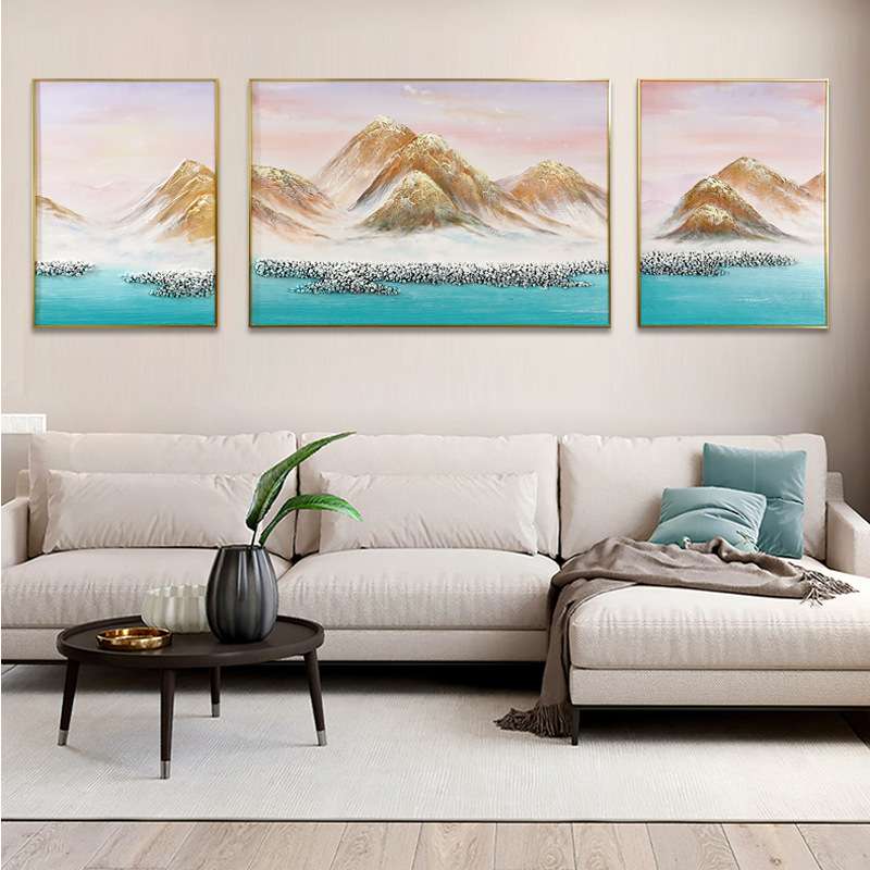 手绘砂岩肌理立体油画金色山脉山水酒店床头装饰画轻奢客厅三联画图片