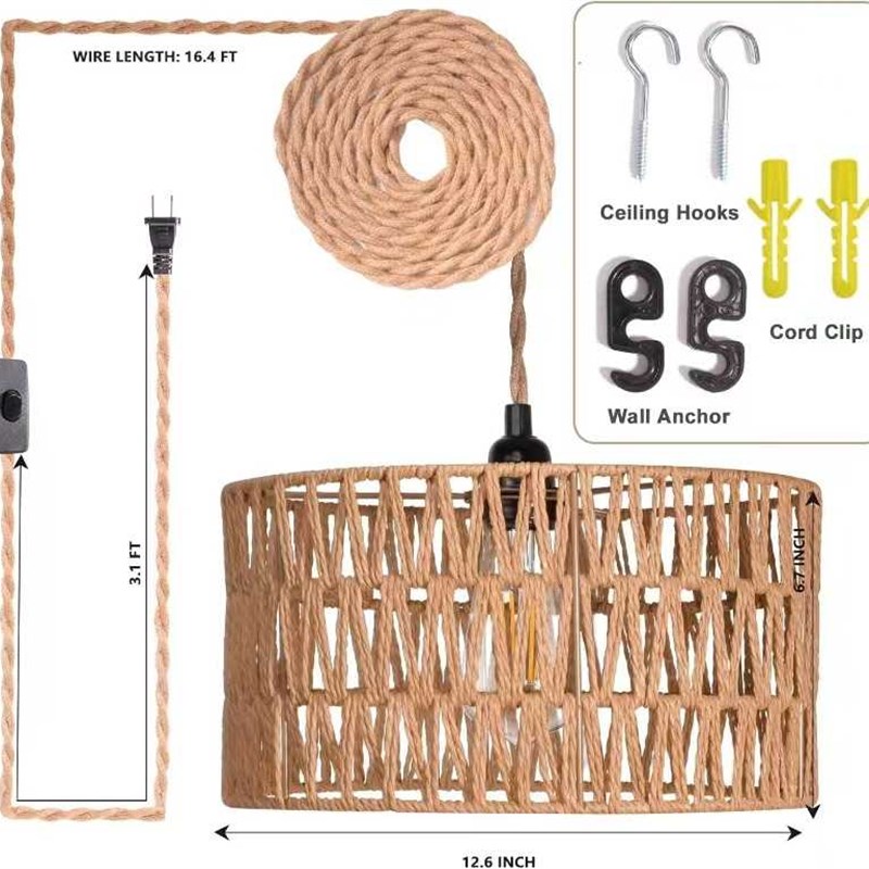 插入式藤条编制吊灯灯光调节开关电F木灯头麻绳悬挂灯农舍餐房餐