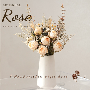 北欧风玫瑰花仿真花花瓶摆件客厅茶几插花陶瓷花瓶餐桌花家居装 饰