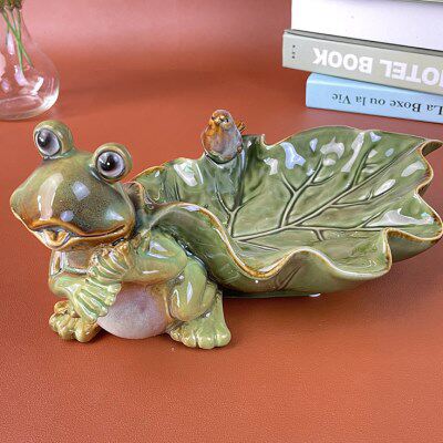 陶瓷工艺品田园家庭装饰摆件青蛙拖树叶果盘餐桌茶几客厅桌面收纳