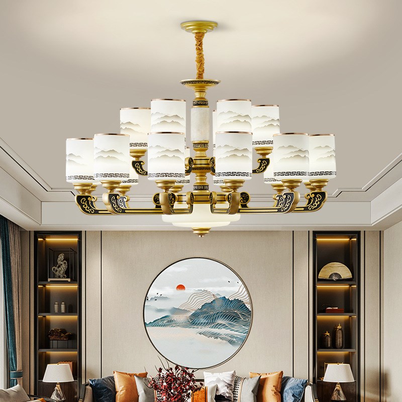 新款新中式吊灯别墅复式楼大气吊C灯锌合金玉石四层五层现代大吊