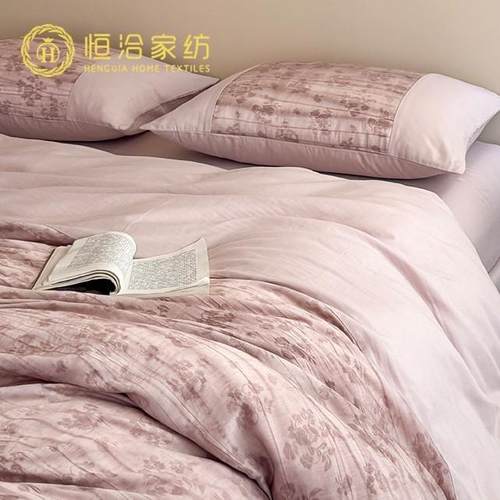 复古风全棉双层纱四件套浪漫植物晕染纯棉被套床单床上用品粉绿色