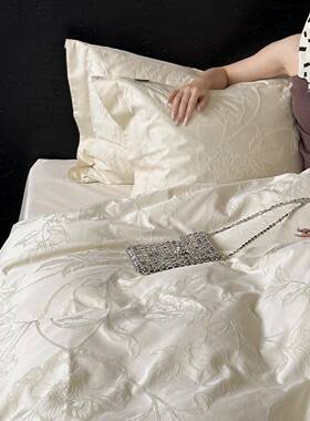厚织浮雕款~轻奢提花全棉四件套100S纯棉被套床单床笠白色秋冬季