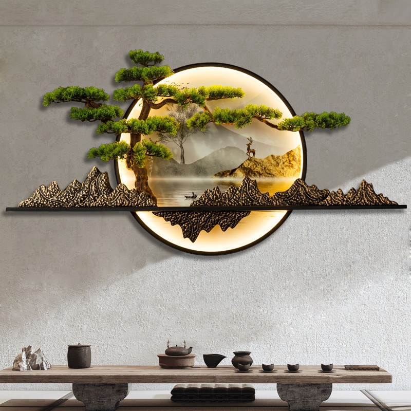 迎客松茶室茶桌茶台墙面装饰沙发背景墙装饰画玄关新中式挂件圆形图片