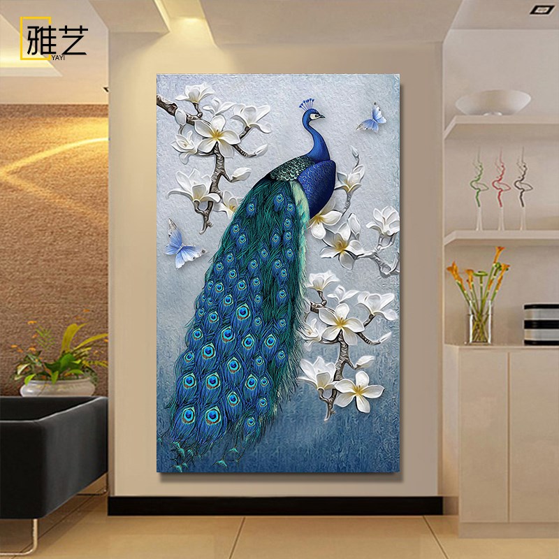 客厅入户玄关装饰画欧式挂画招财风水竖版过道壁画美式大气孔雀画图片
