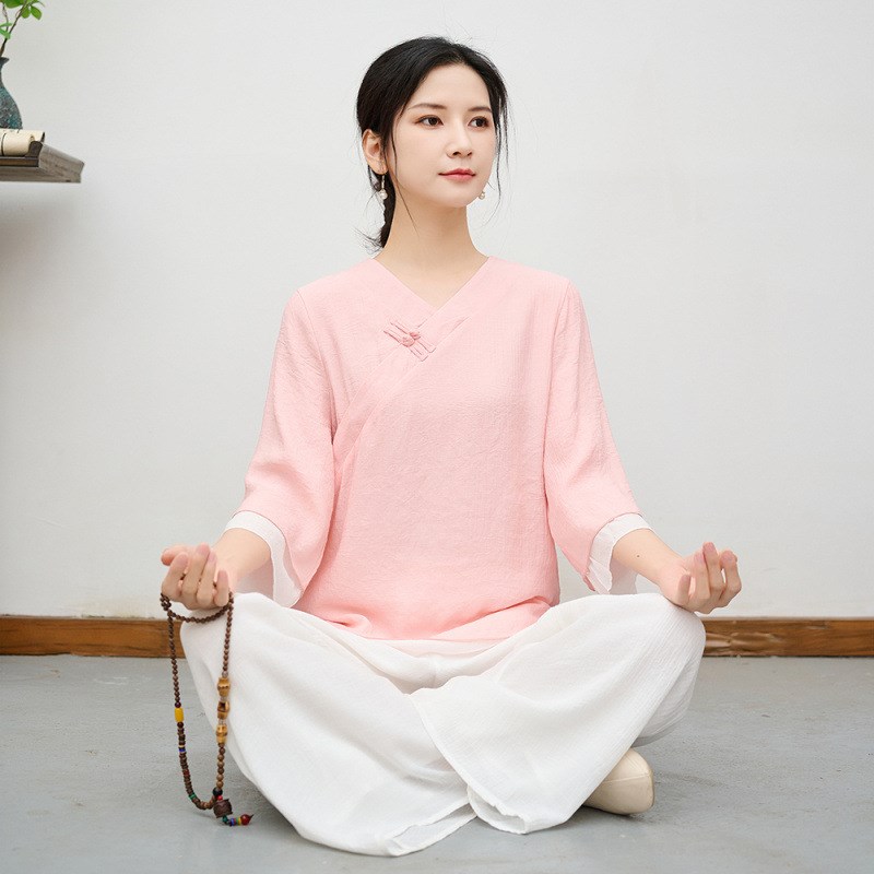 夏季新款棉麻太极服女复古禅修禅意瑜伽练功服V领盘扣舒适休闲装