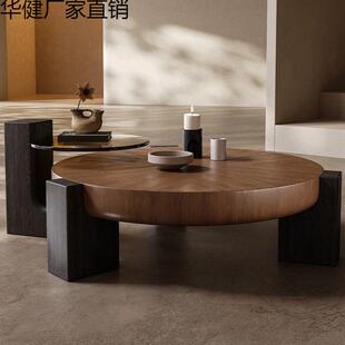 意式实木茶几高级极简设计轻奢茶几组合圆形古风家用小户型茶桌直