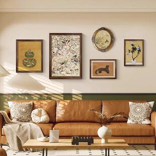 花鸟祥和图客厅装饰画新中式组合挂画复古沙发背景中古风墙画壁画