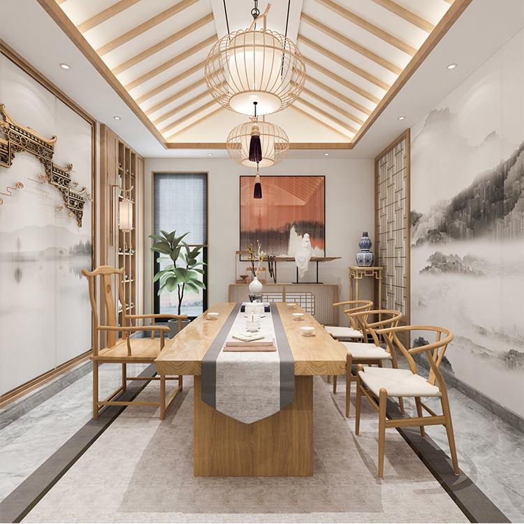 新中式茶桌椅组合套装办公室实木喝茶桌功夫禅意茶桌椅原木色茶台