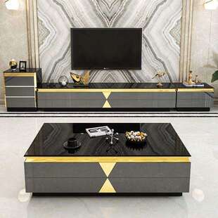 后现代轻奢茶几电视柜组合简约客厅钢化玻璃实木茶几地柜套装工厂