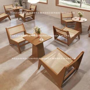 酒店民宿藤编懒人躺椅甜品咖啡厅中式餐厅茶几商用实木桌椅组合