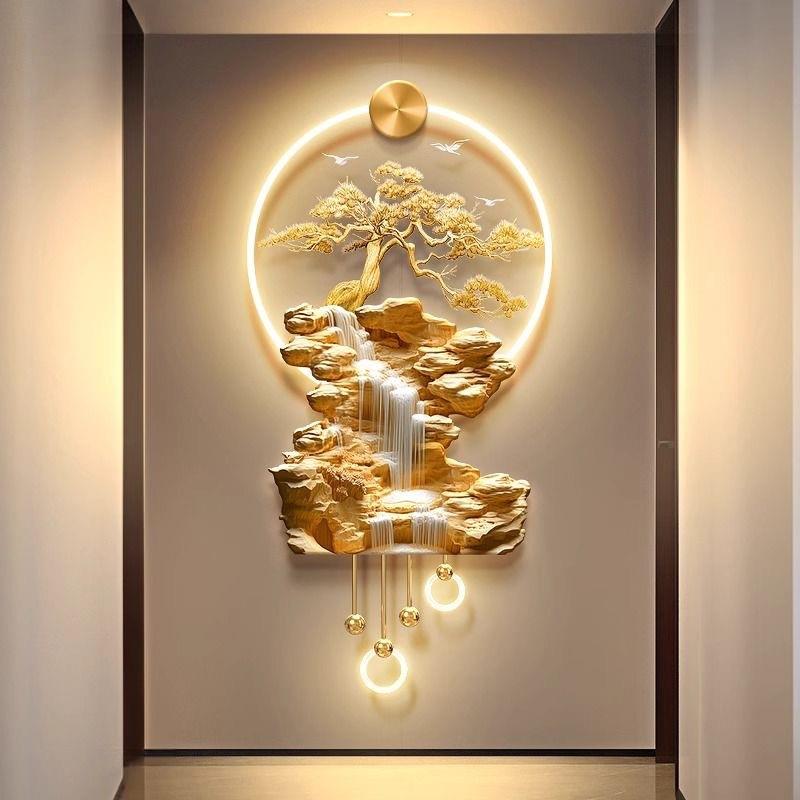 轻奢迎客松树入户门玄关装饰画挂画高山流水生财走廊过道带灯壁画