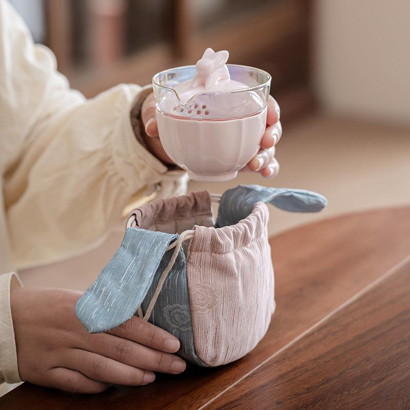 欢兔袋子茶壶袋快客杯袋一壶一杯束口袋便携旅行收纳袋新中式粉色