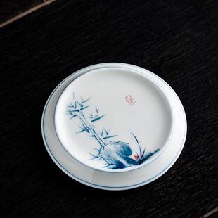 德化陶瓷【单壶承 白瓷手绘亮光】仿古 青花山水 实心圆壶承