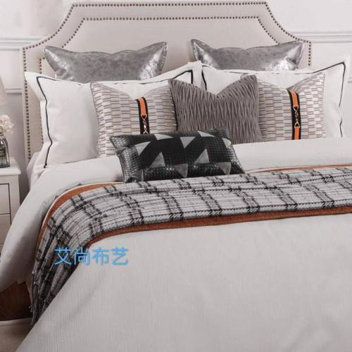 样板房床品软装布艺灰橙色简约现代北欧多件套轻奢样板间床上用品