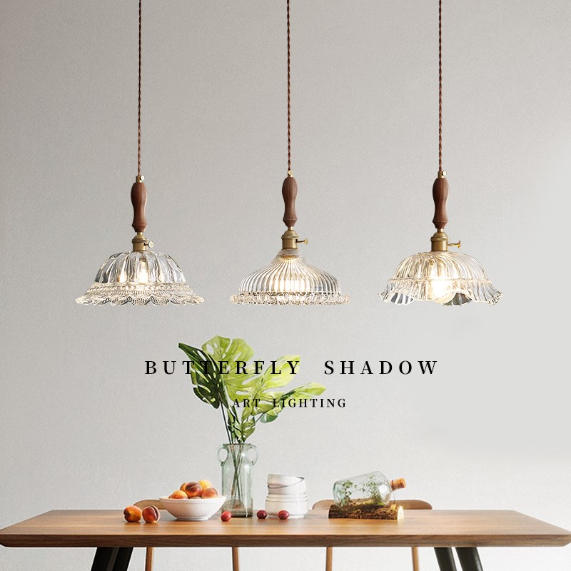 法式餐厅餐桌三头吊灯日式创意网红吧台I饭厅胡桃木玻璃混搭黄铜