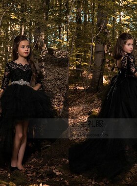 女童黑色晚礼服儿k童模特T台走秀钢琴小提琴演出服主持人2018新款