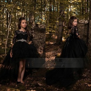 女童黑色晚礼服儿k童模特T台走秀钢琴小提琴演出服主持人2018新款