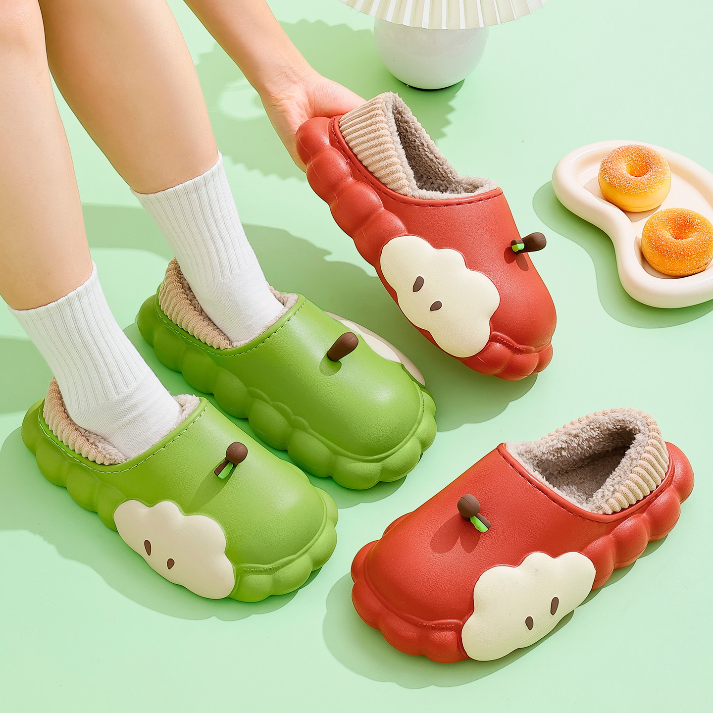 冬季新款可爱苹果拖鞋女士厚底防滑简约耐脏室内加绒舒适保暖棉鞋