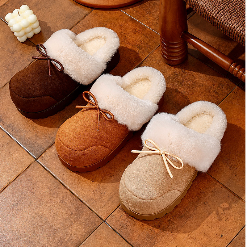 简约风女士冬季时尚蝴蝶结包跟厚底棉拖防滑保暖加绒室内家居拖鞋