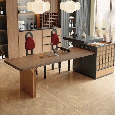 法式中古风黑胡桃木纹多功能伸缩岛台餐桌一体小户型客厅餐厅中岛,住宅家具,岛台餐桌,淘宝优惠券,粉丝福利购,淘宝优惠卷