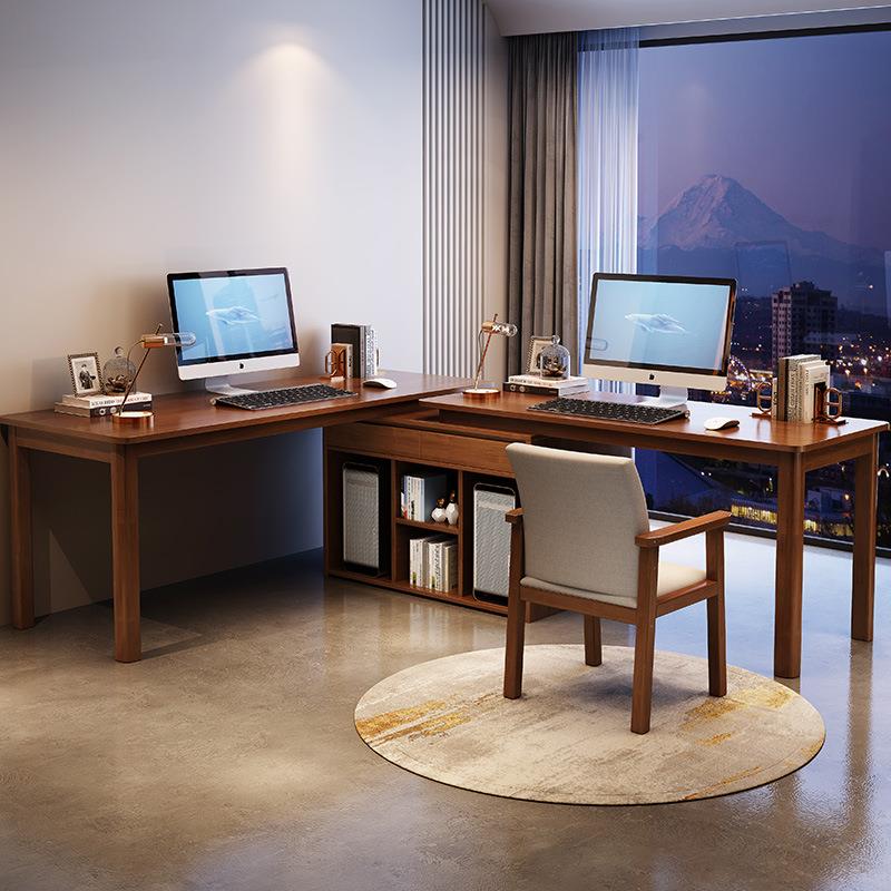 实木双人书桌书柜一体台式电脑桌家用学习桌可伸缩转角办公桌子
