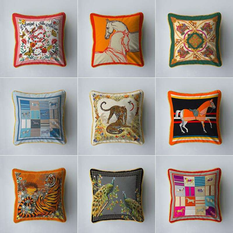 轻奢单面印花沙发方抱枕 别墅样板间装饰方枕 办公室护腰靠垫含芯