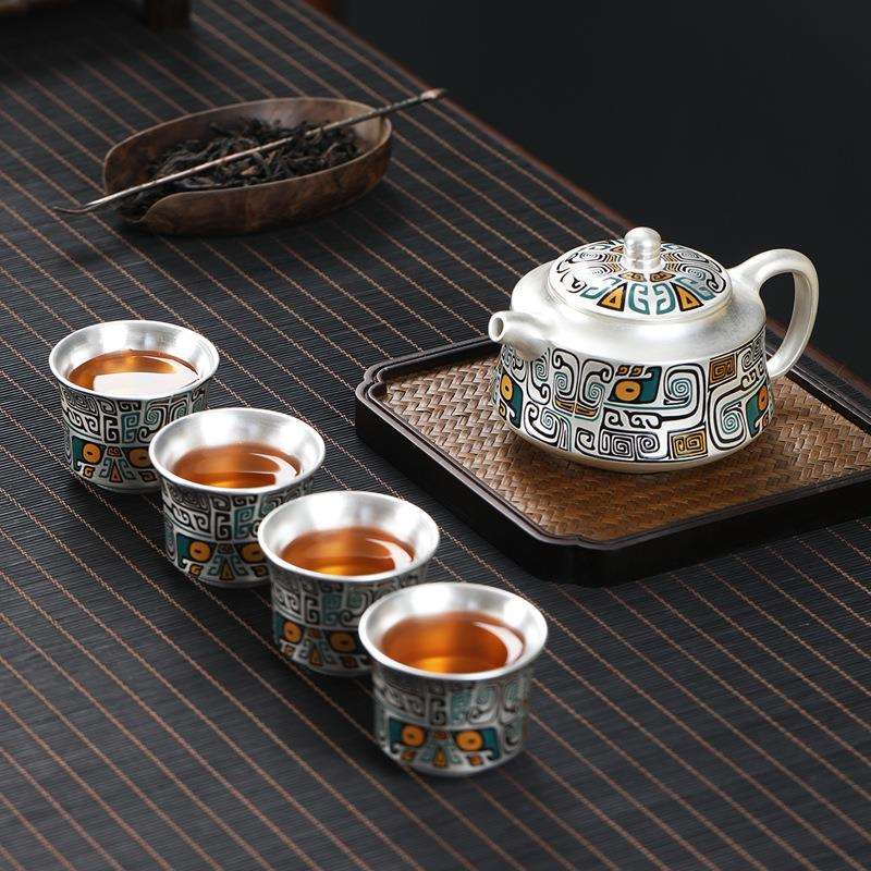 鎏银茶具套装银壶家用送礼办公室饕餮图腾一壶四杯茶杯茶壶一整套