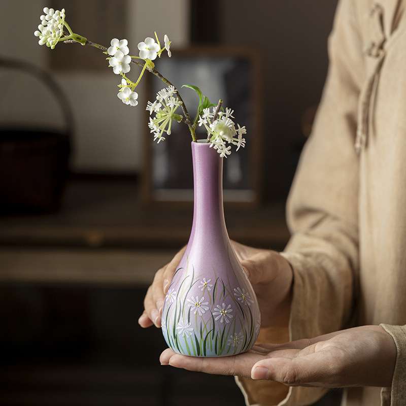 油画风纯手绘雏菊陶瓷小花插紫色花器中式花瓶茶室茶桌装饰品摆件